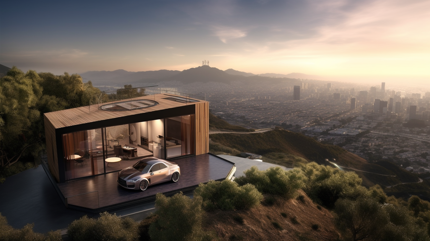 Intricate view of a sports car and tiny home