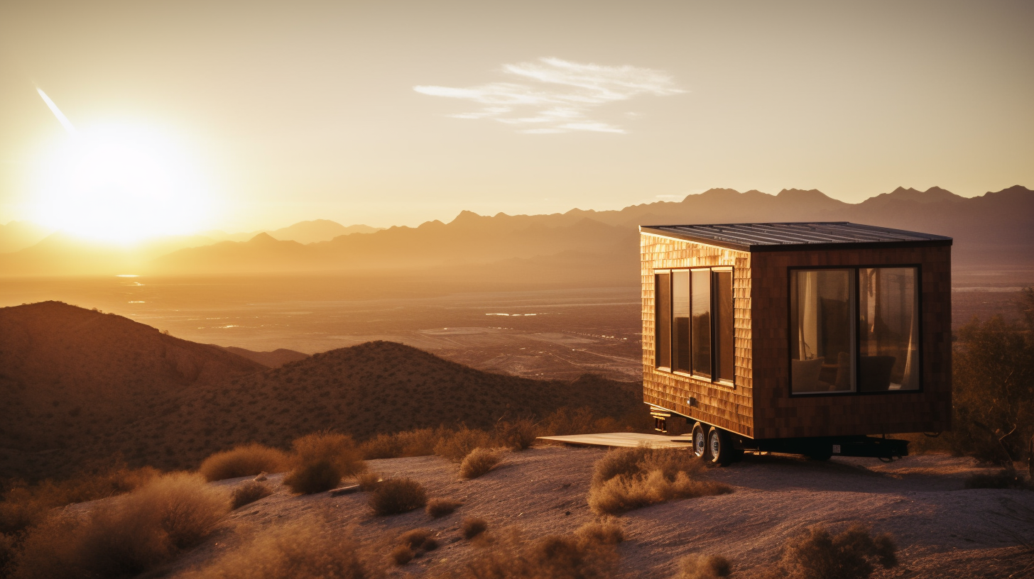 Tiny home nestled in Las Vegas landscape.